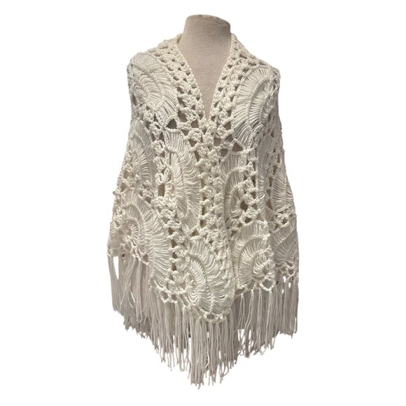 Hand-Crocheted Ivory Fringe Shawl Wrap | Boho Festival Cottagecore Macramé Knit - Picture 2 of 6